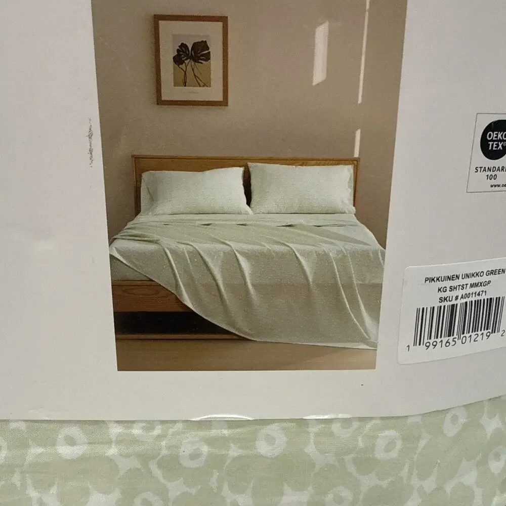 Marimekko Pikkuinen Unikko Green KING Sheet Set Floral Cotton 4 Pc NWT OEKO